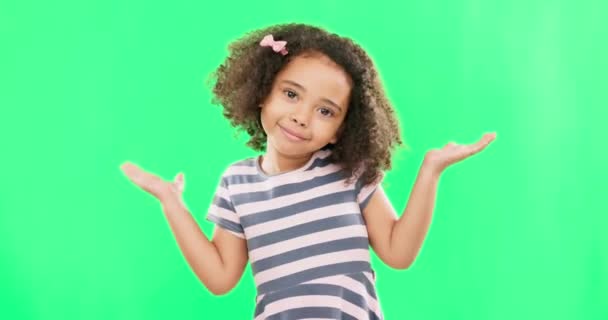 Confused Question Child Shoulder Shrugging Unsure Raise Arms Isolated Studio — Stock Video