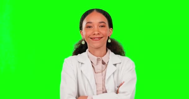 Γιατρός Πρόσωπο Και Γυναίκα Χέρια Σταυρωμένα Στην Πράσινη Οθόνη Στο — Αρχείο Βίντεο