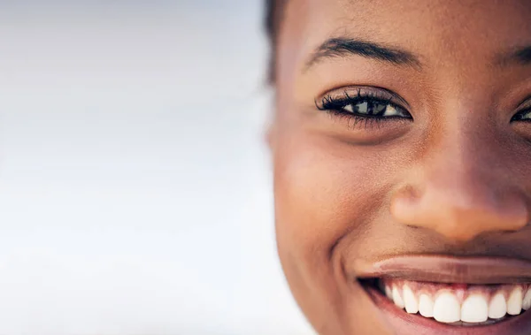 Closeup Portrait Black Woman Smile Mockup Happiness Joy Cheerful Skincare — Stock Photo, Image