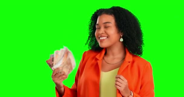 Зелений Екран Щастя Грошовий Фанат Жінка Виграють Фінансовою Бонусною Зарплатою — стокове відео