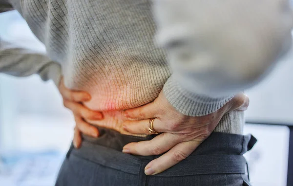 Back Pain Injury Closeup Business Woman Stress Tired Frustrated Crisis — Stock Photo, Image