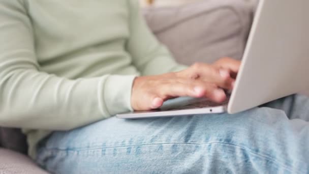 Closeup Man Hands Laptop Sofa Typing Email Communication Seo Social — Stock Video