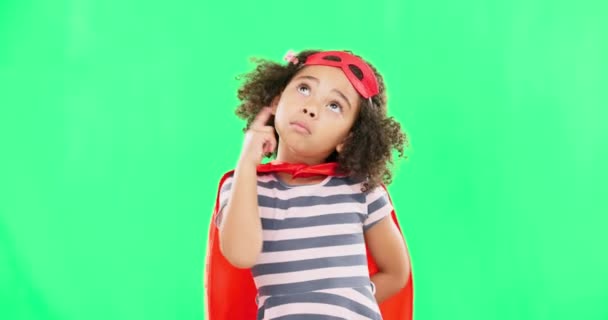 Child Superhero Thinking Green Screen Face Emoji Fantasy Cosplay Costume — Stock Video