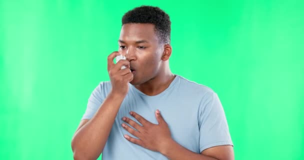 Hombre Negro Asma Con Inhalador Pantalla Verde Salud Pulmones Con — Vídeos de Stock