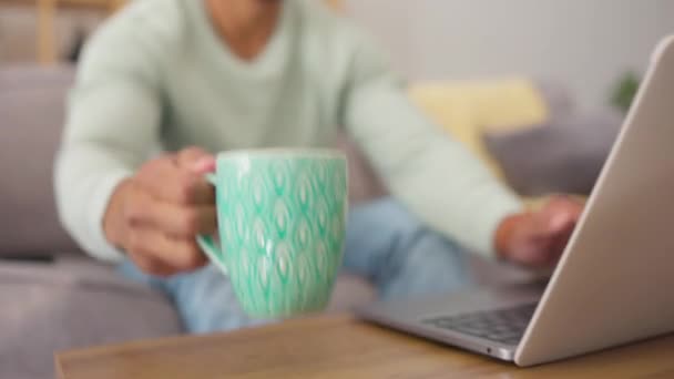 咖啡和一个男人在他家里客厅的沙发上远程操作笔记本电脑 快乐地微笑着 与坐在沙发上喝酒的年轻帅小伙分手 — 图库视频影像