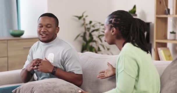 Mad Argument Fight Black Couple Sofa Divorce Breakup Conflict Crisis — Stock Video