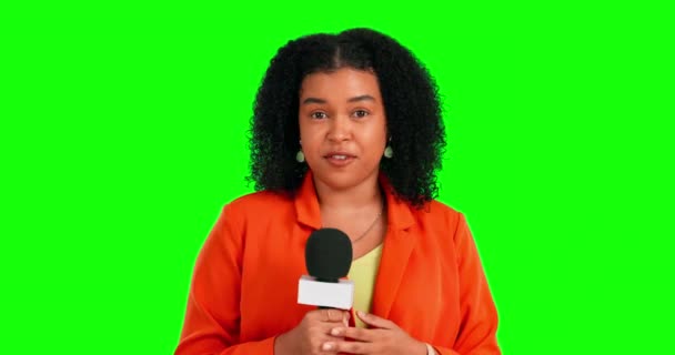 Mikrofon Layar Hijau Wajah Wanita Dan Reporter Berbicara Tentang Berita — Stok Video