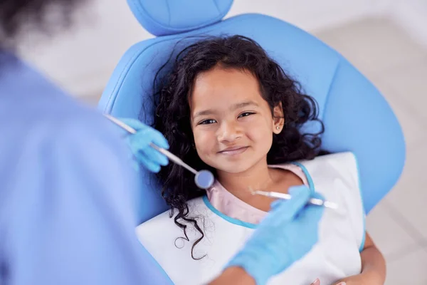 Dentistry Portrait Girl Child Dentist Teeth Cleaning Oral Checkup Consultation — Stock Photo, Image