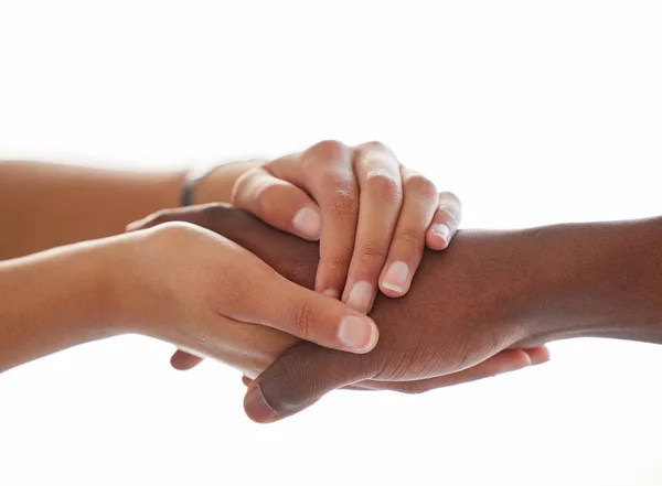 Pomoc Pohodlí Lidé Drží Ruce Podporu Lásky Empatie Porozumění Bílém — Stock fotografie