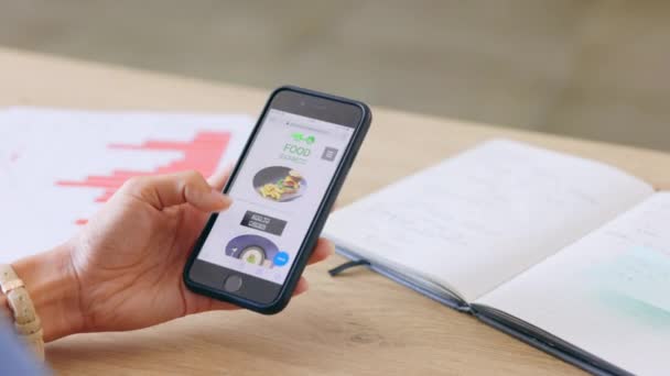 Żywność Ekran Zamówienia Ręce Telefonem Dostarczania Posiłków Płatności Menu Online — Wideo stockowe