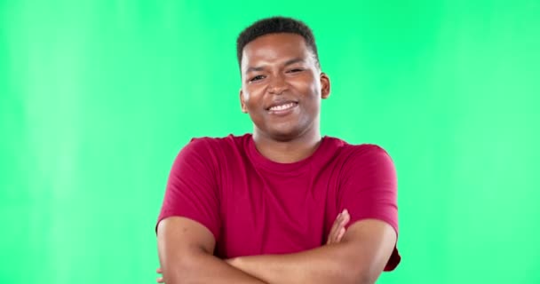 Face Green Screen Black Man Smile Arms Crossed Cheerful Studio — Stock Video