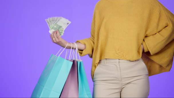 Torba Zakupy Pieniądze Handel Rękami Kobiety Szaleństwo Zapłatę Luksus Bogactwo — Wideo stockowe