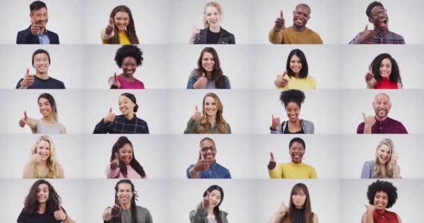 Пальцы Вверх Коллаж Лицо Людей Студии Целью Достижением Успехом Вместе — стоковое видео