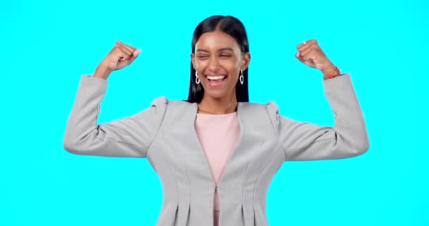 Happy Business Woman Face Flex Arms Studio Blue Background Backkdrop — Stock video