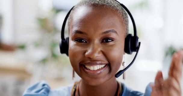 Call Center Rosto Mulher Negra Feliz Com Sorriso Trabalho Apoio — Vídeo de Stock
