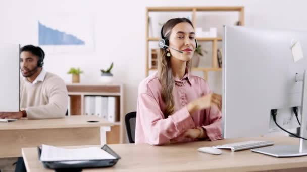 Rostro Call Center Mujer Con Telemarketing Servicio Cliente Asesoramiento Lugar — Vídeos de Stock