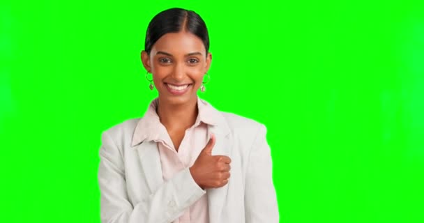 Szczęśliwa Kobieta Twarz Lub Kciuki Góry Zielonym Ekranie Dla Sukcesu — Wideo stockowe