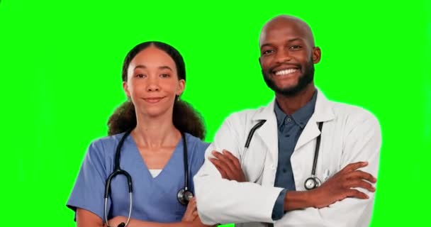 Teamwork Doctor Nurse Arms Crossed Green Screen Studio Isolated Background — Stock Video