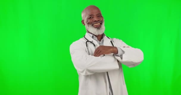 Πράσινη Οθόνη Μαύρος Γιατρός Και Χέρια Σταυρωμένα Απομονωμένα Στούντιο Υπόβαθρο — Αρχείο Βίντεο