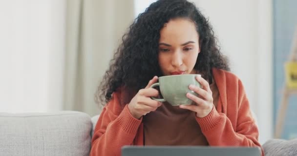 Mujer Portátil Café Sofá Sala Estar Compras Línea Blog Redes — Vídeo de stock