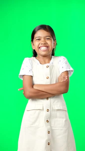 Happy Face Child Studio Green Screen Standing Crossed Arms Confidence — Stock Video