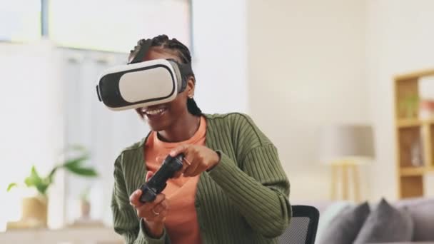 Siyahi Kadın Video Oyunu Video Gözlüklü Evde Meta Evren Oyuncu — Stok video