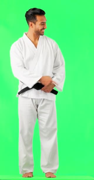Ansikte Karate Och Man Pekar Grön Skärm Studio För Fitness — Stockvideo