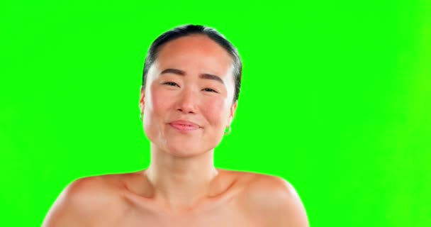 Beleza Rosto Retrato Mulher Asiática Fundo Tela Verde Para Cuidados — Vídeo de Stock
