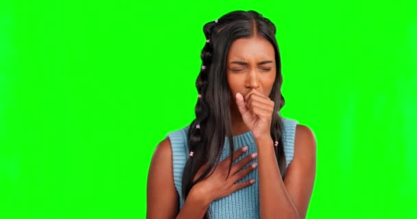 Sick Woman Coughing Flu Green Screen Cold Covid Chest Breathing — Stock Video