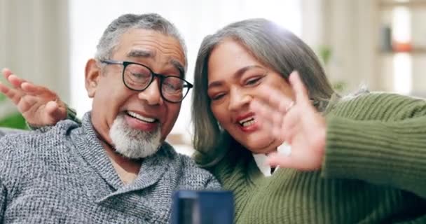 Sourire Vague Appel Vidéo Vieux Couple Sur Canapé Ensemble Dans — Video