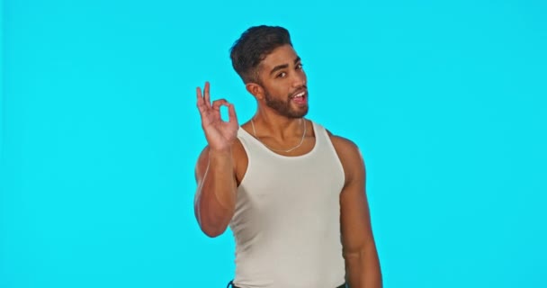 Perfekt Zeichen Und Okay Handgeste Eines Mannes Der Sich Glücklich — Stockvideo