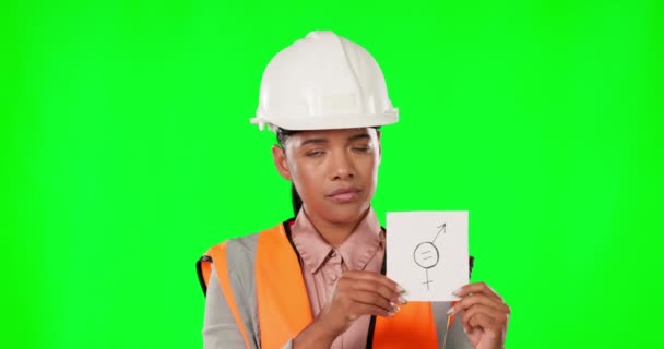 Nşaat Kadın Yüzü Cinsiyet Eşitliği Yeşil Ekranda Poster Stüdyo Arasında — Stok video