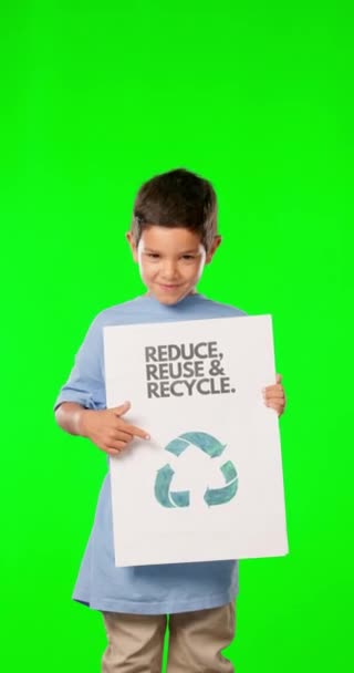 绿色屏幕 回收标志和儿童隔离在工作室背景下的可持续性 回收和志愿模拟 面对孩子 硬纸板 指点你 社会责任和气候变化 — 图库视频影像