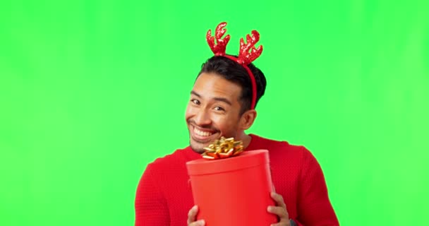 Weihnachtsgeschenk Männerporträt Und Grüne Leinwand Mit Feiertagshut Und Glück Mit — Stockvideo