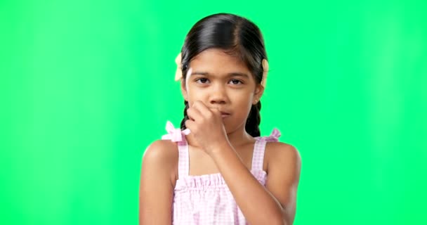 Children Secret Trust Girl Green Screen Background Studio Zipping Her — Stock Video