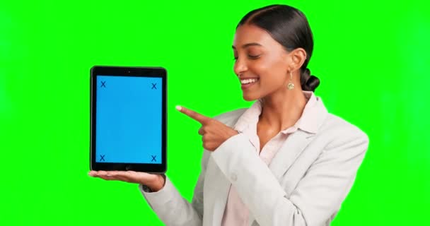 Woman Face Pointing Tablet Green Screen Financial Banking Investment App — Stock Video