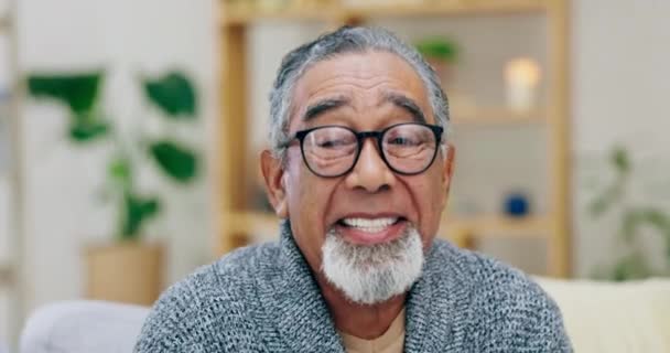 Sorriso Felicidade Retrato Homem Velho Sofá Sala Estar Casa Repouso — Vídeo de Stock