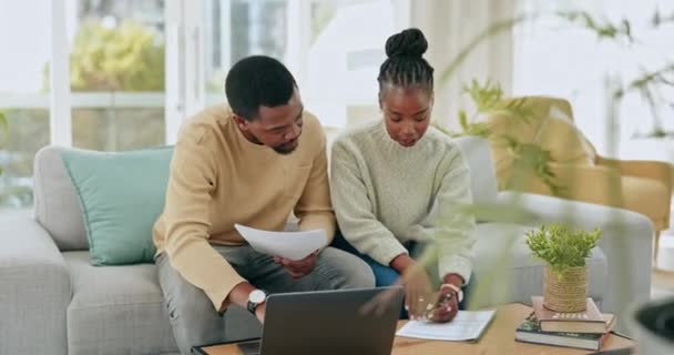Black Couple Laptop Documents Mortgage Expenses Financial Budgeting Sofa Living — Stock Video