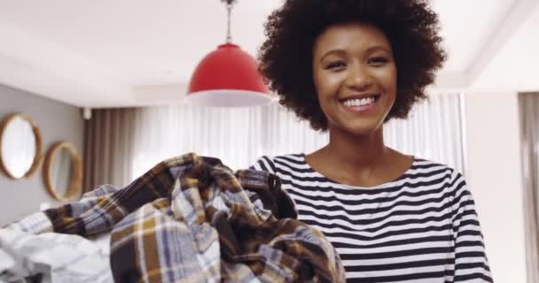 Laundry Portrait Black Woman Basket Housework Hygiene Day Chore Home — Stock Video