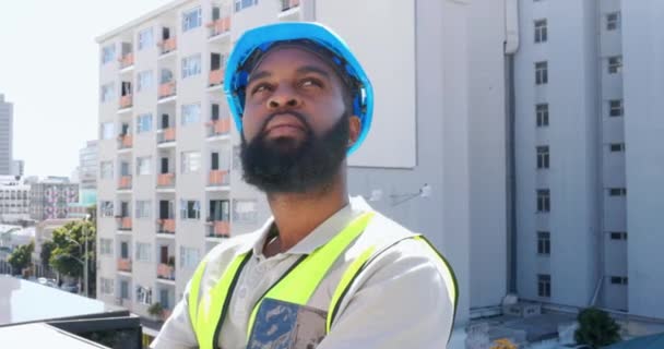 Ingenieur Outdoor Und Black Man Denken Ideen Und Chancen Für — Stockvideo
