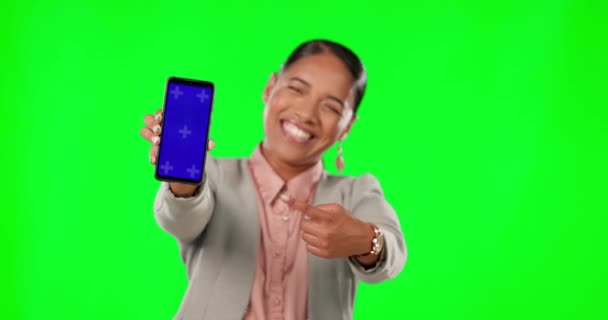 Portrait Green Screen Business Woman Pointing Phone Tracking Markers Marketing — Stock Video