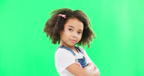Yüzü Kaşları Çocuğu Yeşil Ekranda Tavırları Kolları Çapraz Kendine Güveni — Stok video