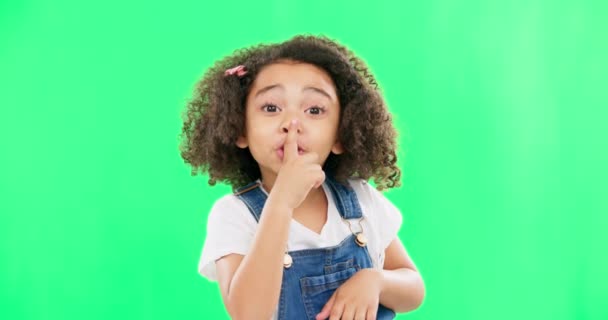 Πρόσωπο Πράσινη Οθόνη Και Παιδί Δάχτυλο Στα Χείλη Για Ησυχία — Αρχείο Βίντεο