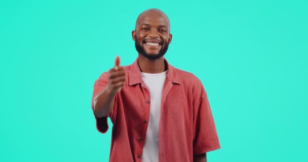 Portrait Thumbs Motivation Black Man Studio Blue Background Winner Smile — Stock Video