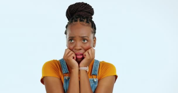 Black Woman Biting Nails Fear Anxiety Mental Health Problem Stress — Stock Video