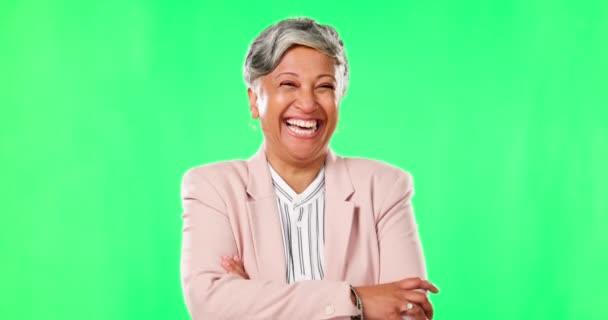 緑の画面では 自信と幸福と腕と幸せなビジネス女性を越えました マネージャー クロマキーとスタジオの背景に笑い 笑顔と成功を持つシニア女性の肖像画 — ストック動画