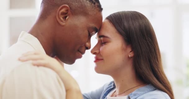 Hug Happy Interracial Couple Embrace Love Gratitude Appreciation Home Smile — Stock Video