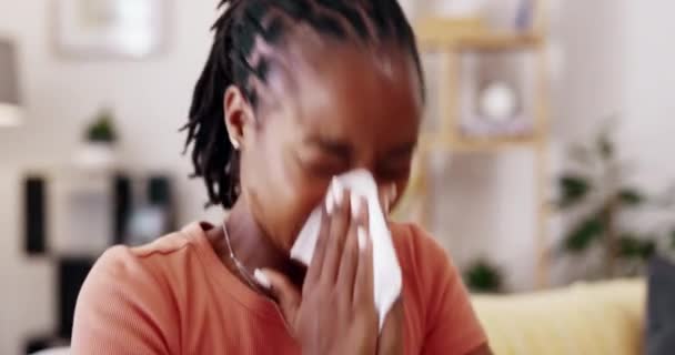 Sick Woman Tissue Blowing Nose Home Lounge Hayfever Allergies Cold — Stock Video