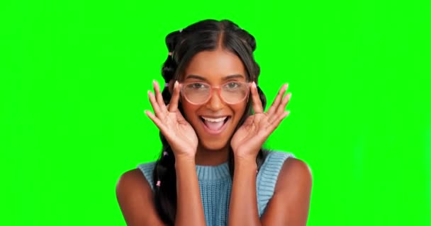 Окуляри Обличчя Жінка Студії Зеленим Екраном Оптичної Обізнаності Здоров Або — стокове відео