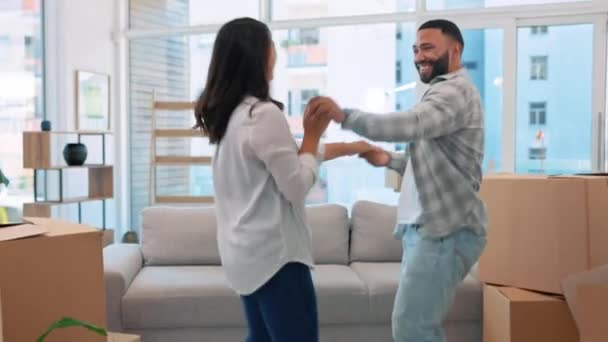 Apartment Smile Couple Boxes Dance Celebration New Property Investment Romance — Stock Video